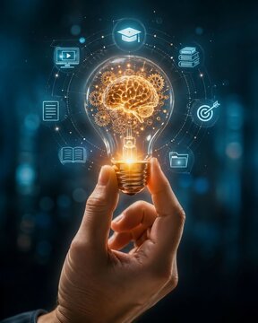Futuristic Innovation Concept &ndash; Glowing Brain Inside Light Bulb with AI Learning Interface