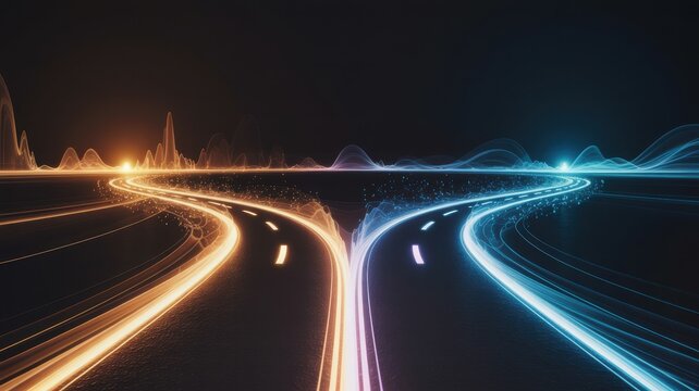 Abstract road fork concept with orange and blue light trails representing choice