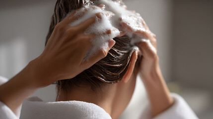 Naklejka premium Close up rear view of female hands gently massaging and lathering hair with shampoo and rich white foam during a refreshing shower