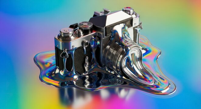 illusion de fusion d'un appareil photo m&eacute;tallique, concept cr&eacute;atif de photographie surr&eacute;aliste