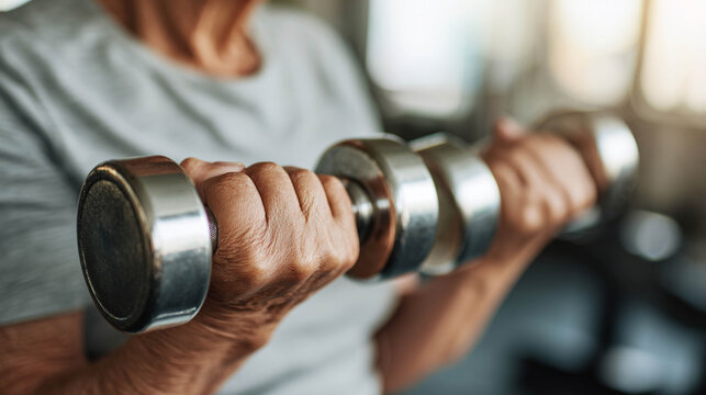 Senior Fitness: Close-up of Mature Hands Training with Light Dumbbells for Strength and Wellness