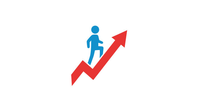 Blue Silhouette Figure Ascending Red Upward Trend Arrow.