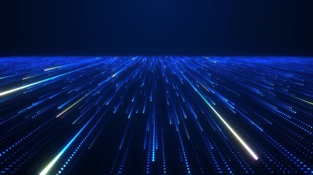 Abstract futuristic data flow with neon light streaks in a dark digital space. Concept of AI, big data analytics, neural networks, high-speed computing, and advanced cyber technology.