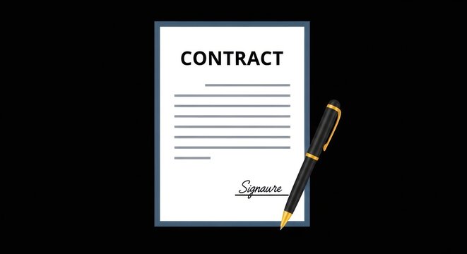 Contract document with pen ready for signature on black background