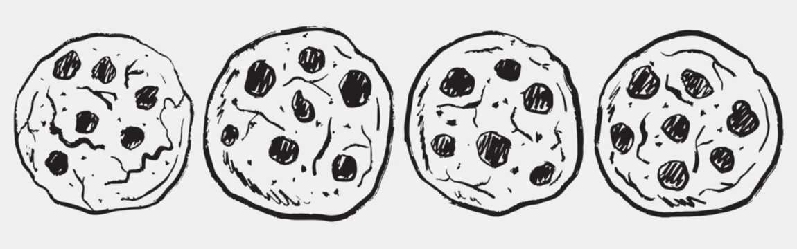 Hand drawn set of four chocolate chip cookies. Vector sketch illustration in vintage crayon charcoal style, perfect for bakery branding, snack packaging, or playful food-themed visuals