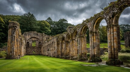 Fototapeta premium Old stone structure with archways, green grass, under a cloudy sky at Fountains Abbey.