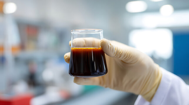 Scientist holds beaker with dark liquid, showcasing research, experimental analysis, and laboratory science in a controlled environment