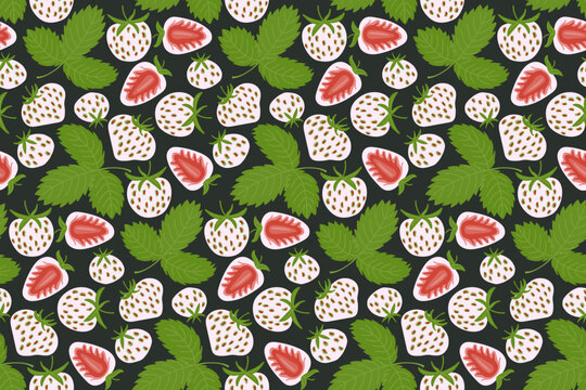 White strawberry seamless pattern on dark. Trendy pineberry fruit background for exotic food packaging, garden textile, or summer kitchen decor.