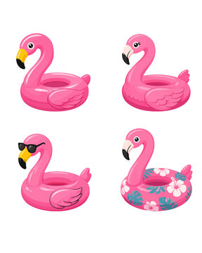 Set of inflatable pink flamingo pool floaties for swimming fun during summer vacation at the beach resort or water park activities with colorful tropical designs for kids and adults to enjoy