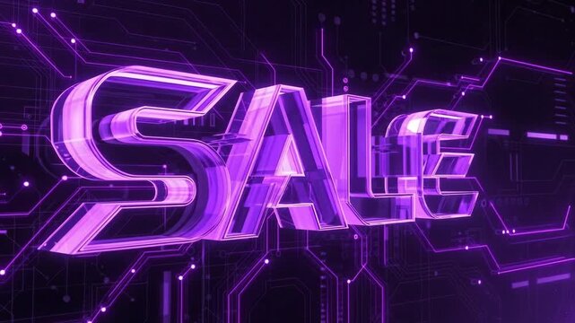 Bright SALE typography in neon style on dark tech backdrop, concept of discount promotion seasonal retail savings theme
