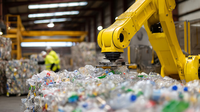 Industrial yellow robotic arm lift plastic bottles for reuse at modern recycling facility, automated waste sort system for ecological future