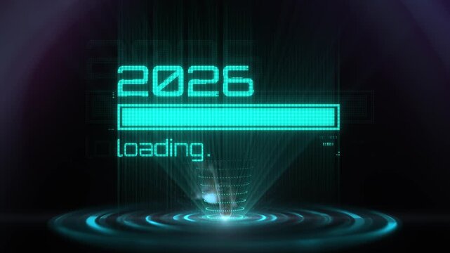Futuristic hologram interface with a glowing 2026 loading bar activated by a finger touch. Concept of artificial intelligence and digital communication in a virtual environment.