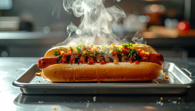 Steaming hot dog with savory toppings on metal tray