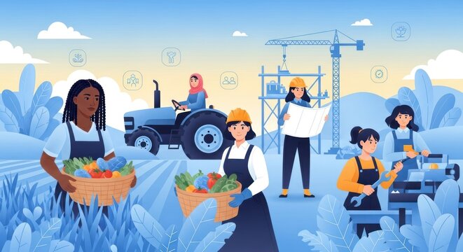 Diverse group of people in various professions represented in flat illustration