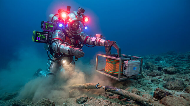 Diving suit technician repairing underwater cable on seabed