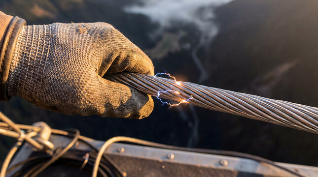 Lineworker's gloved hand touching live power cable creating spark