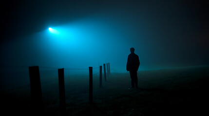 Fototapeta premium Silhouette Figure Stands in Eerie Blue Light Across Foggy Field at Night, Mysterious and Atmospheric Scene with Fence Posts and Horizon