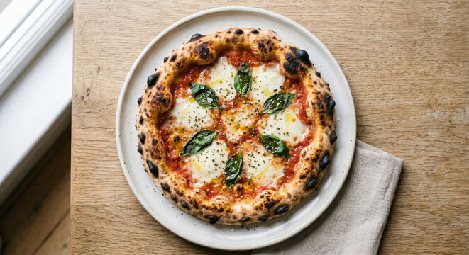 Sourdough pizza base with minimal toppings and charred edges