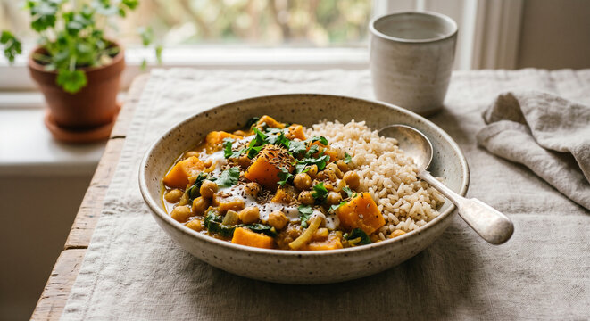 Kabocha Squash and Chickpea Curry with Rice in Bowl