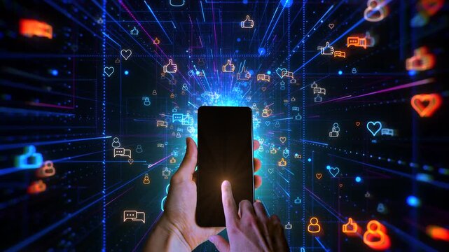 Man touches phone in virtual space. Concept of social media marketing, internet advertisement, e-commerce, global internet, network connection, new feedback, reply chat and smm strategy.