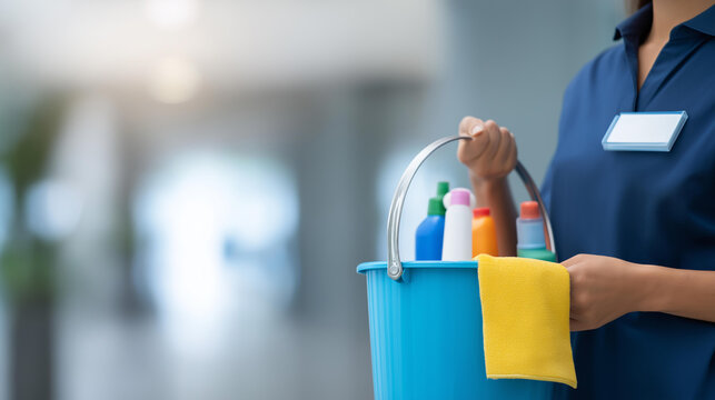 Faceless cleaning lady holding a bucket of cleaning products on a softly defocused background for a professional service concept. Defocused background. Cleaning lady bucket,