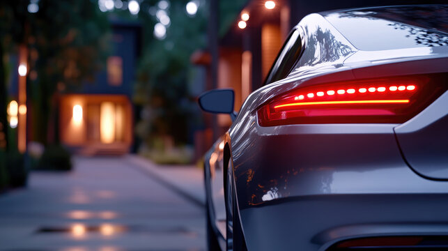 high performance police car with flashing blue and red roof lights and glowing tail lights parked on a quiet residential street at dusk, ready for patrol and response