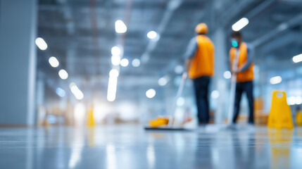 Obraz premium Large premises cleaning concept featuring professional cleaners managing a spacious commercial or industrial space. Defocused large space background. Large premises cleaning,
