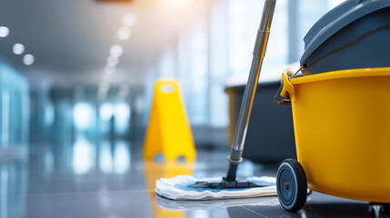 Fototapeta premium Business premises cleaning service concept featuring professional cleaning equipment and a tidy commercial environment. Defocused business background. Business cleaning,