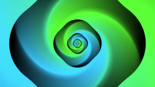 Minimal thin fluorescent spiral in infinite rotation. Funky holographic backdrop in retro style. Shiny fibonacci swirl in blue and green neon colors. Seamless loop animation.