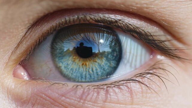 Macro shot of a young adult's bright blue eye with golden amber flecks featuring sharp focus on the iris dilating and natural eyelashes for beauty skincare optometry marketing and modern technology re