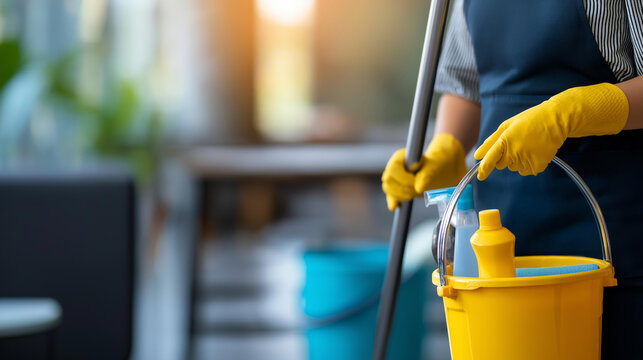 Faceless cleaning lady with a mop, bucket, and cleaning products for a thorough professional floor and surface cleaning service. Defocused background. Mop bucket cleaning, floor