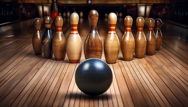 wooden bowling pins and a ball on a vintage wooden lane vintage recreation