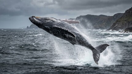 Naklejka premium Humpback whale breaching near rugged coastal cliffs
