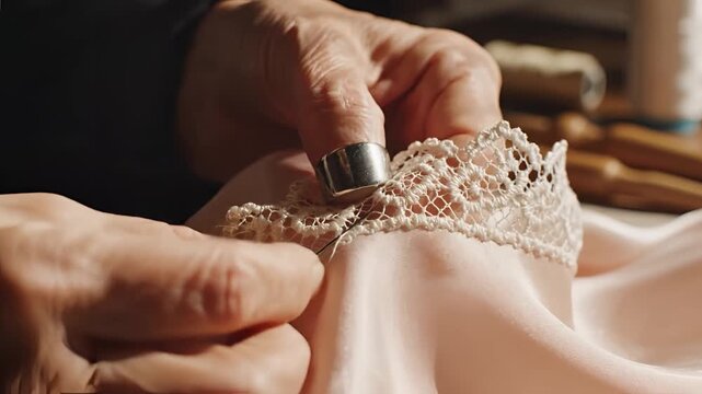 Closeup of skilled hands meticulously crafting delicate lace with needle and thread.