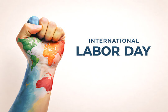 A clenched fist displays a world map for labor day