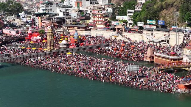 push back drone view of har ki pauri haridwar in medium tele 70 mm captured with drone