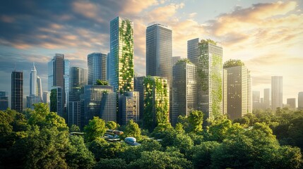 Fototapeta premium In a vibrant cityscape, skyscrapers rise gracefully while lush greenery climbs their sides. The sunset casts golden hues, creating a serene blend of nature and modernity