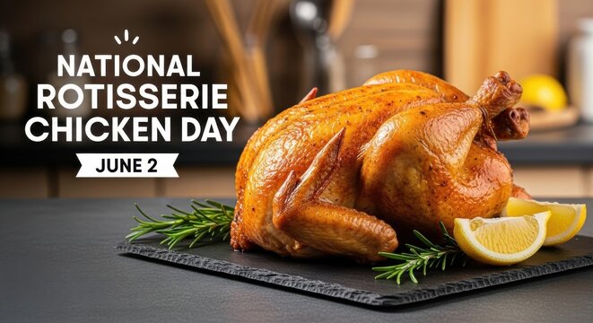 Roasted chicken on slate board with lemon and rosemary for national rotisserie chicken day