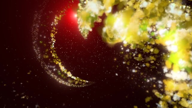 An abstract cosmic composition featuring vibrant swirling particles creating dynamic circular motion in deep space, reminiscent of galaxy formation, an energetic explosion, and a glowing nebula with d