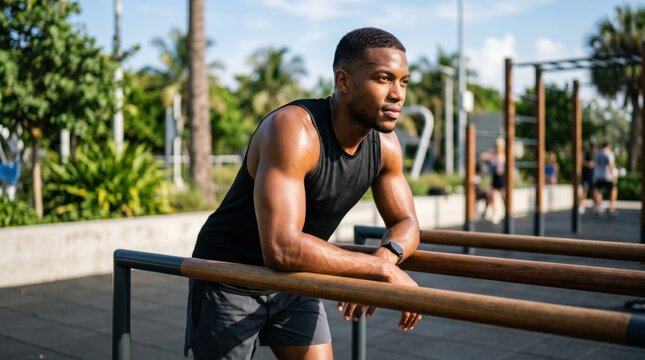 Muscular man taking a break after outdoor street workout on parallel bars. African American athlete resting at gym in park. Sport, health, active lifestyle and fitness training concept.