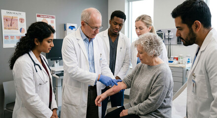 Fototapeta premium Senior dermatologist demonstrating skin condition to medical students