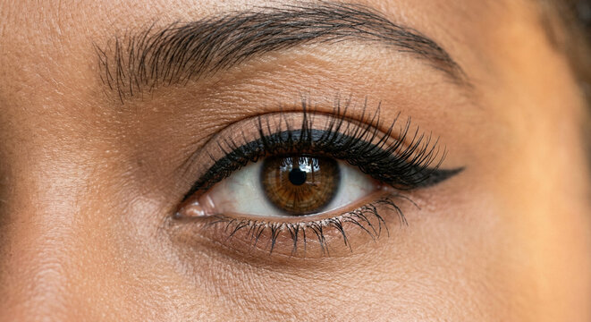 Close-up of a human eye with detailed eyelashes and eyebrow