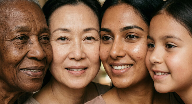 Close portrait macro of diverse skin textures across different ages