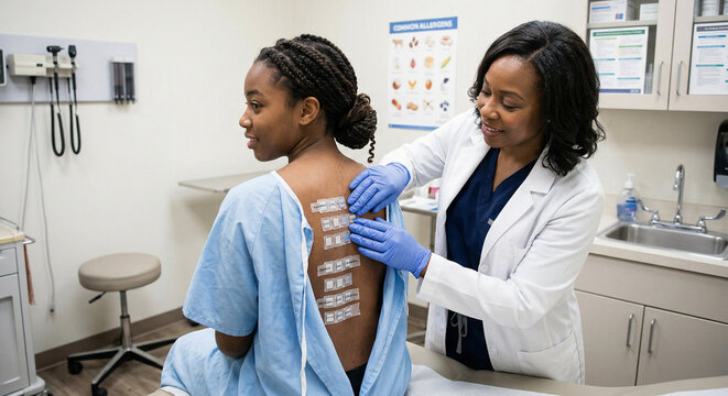 Young Black patient receiving patch testing for allergy diagnosis
