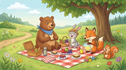 Fototapeta premium Woodland animals picnicking together in a lush meadow