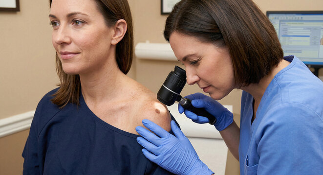 Dermatologist examining mole on patient's shoulder with dermoscope