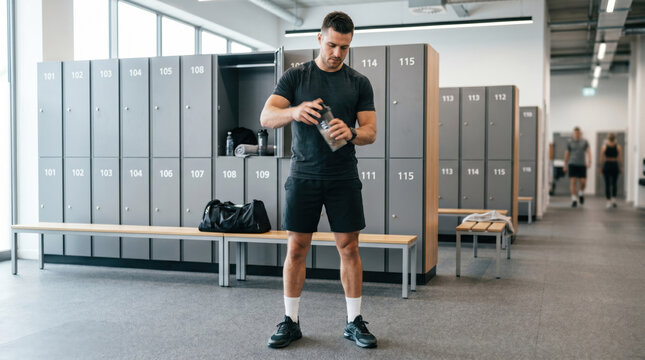 Man holding a water shaker bottle in the gym locker room. Athlete preparing for workout at fitness club. Concept of healthy lifestyle, sport activity and hydration after exercise training.
