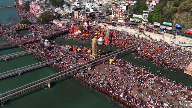 Aerial View of Har Ki Pauri with Crowd at Ganges River During Religious Gathering