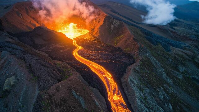 Molten lava river flows down volcano, glowing orange channel carves rocky slope, ember shower and smoke plume rise into dusk sky aerial cinematic framing
