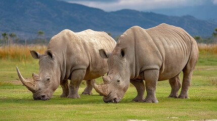 Obraz premium Rhinos graze outside on a green field.